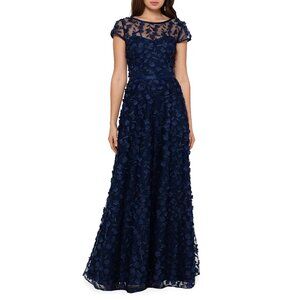 Xscape Women's 3D Embroidered Floral Navy Tulle Evening Gown Size 10